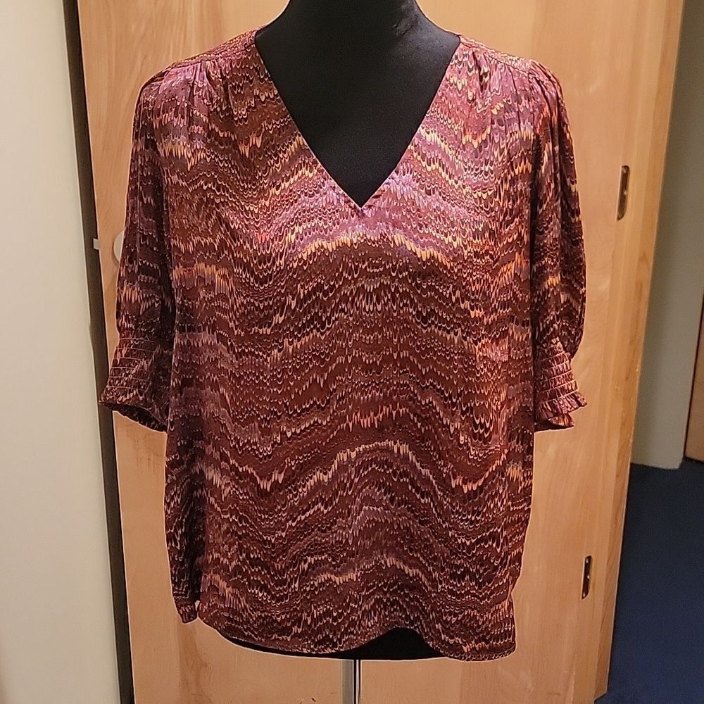 Rachel Zoe print top ruched sleeves size med